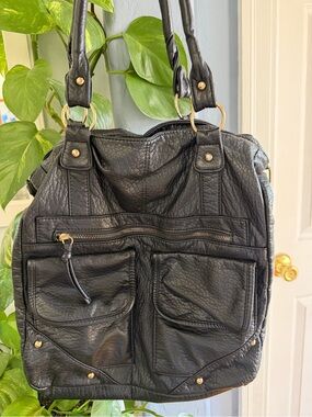Under One Sky Black Leather Shoulder Tote with Gold Hardware
